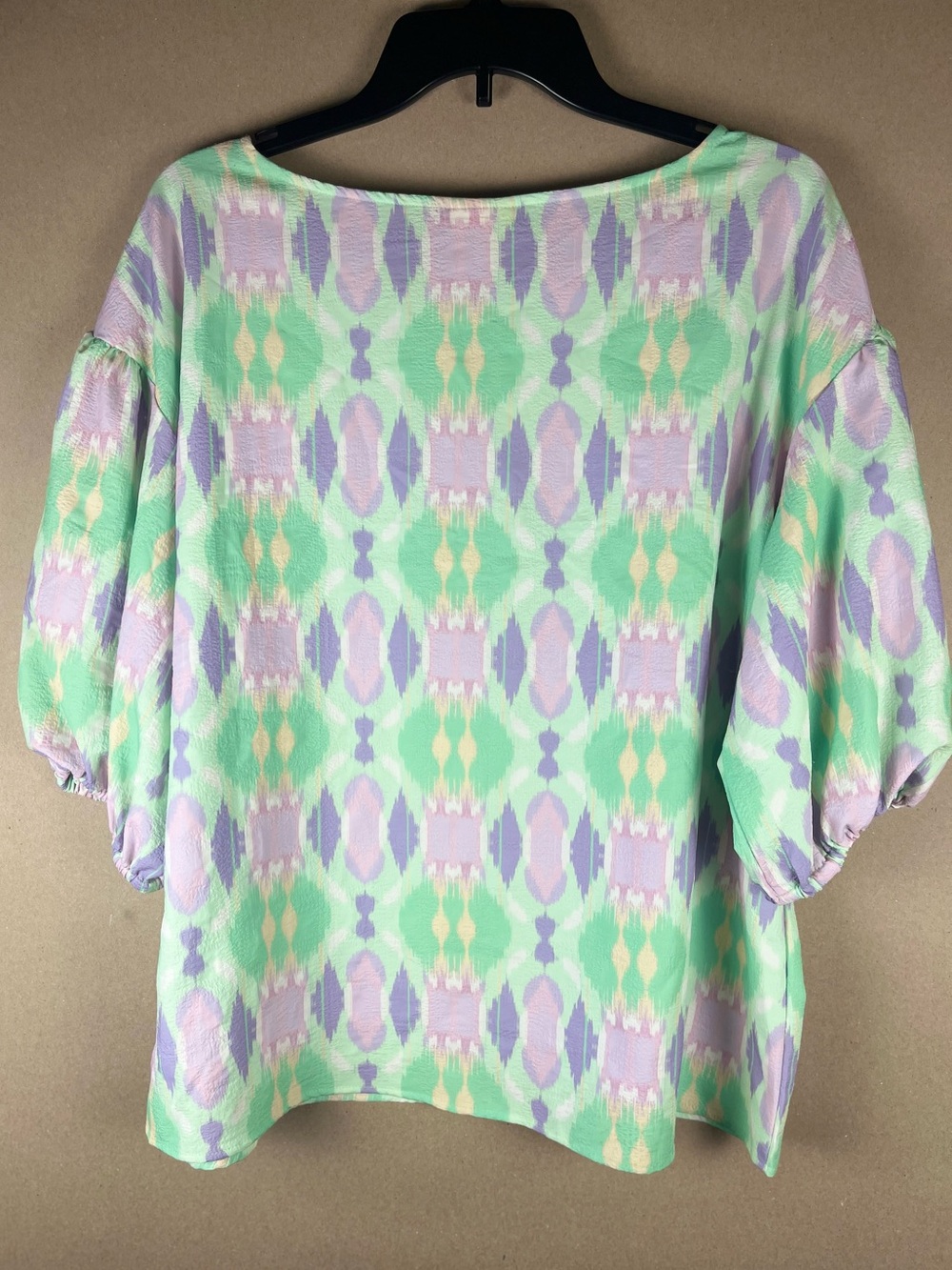 Ruby Rd. NWOT Ikat Print Puff Sleeve Top Size L Mint Lavender Pastel - Picture 2 of 8